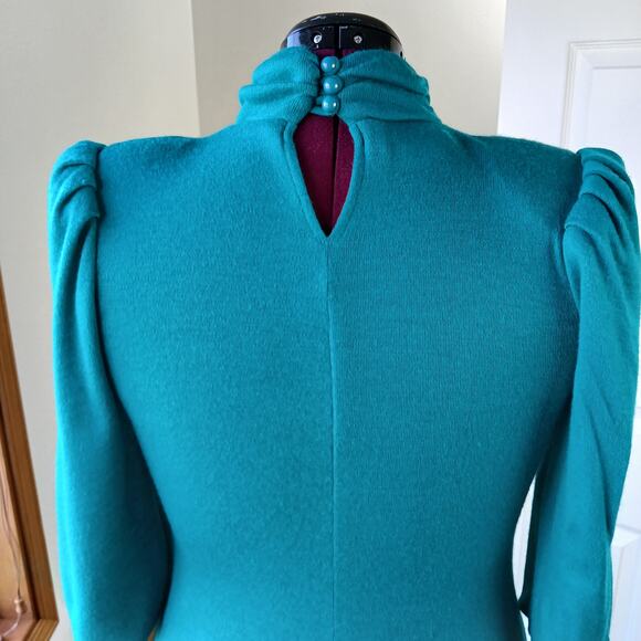 Benson & Smith Vintage 80s Green Maxi Sweater Dress sz 7 shoulder pads mock neck - Picture 7 of 16